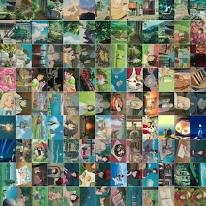 May include: A collage of 100 images from the animated film "Spirited Away". The images depict various scenes and characters from the movie, including the main character Chihiro, the witch Yubaba, and the spirit No Face.