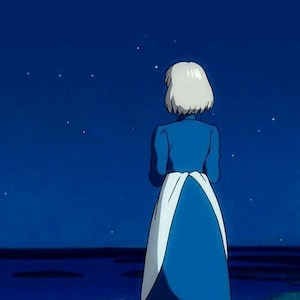 May include: A woman in a blue dress stands with her back to the viewer, looking up at a starry night sky. A small, white, furry creature with a red tail stands behind her, looking up at her.