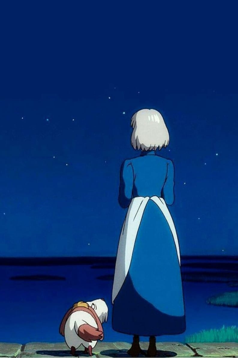 May include: A woman in a blue dress stands with her back to the viewer, looking up at a starry night sky. A small, white, furry creature with a red tail stands behind her, looking up at her.