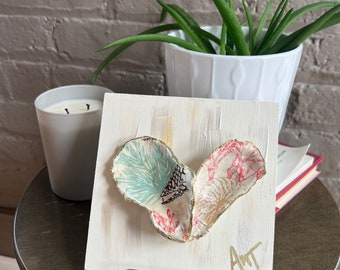 Coral Oyster Shell Heart Art • Cockle Shell • Beach Decor • Coastal Decor • Beach Art • Ocean Wall Art, Wood Art