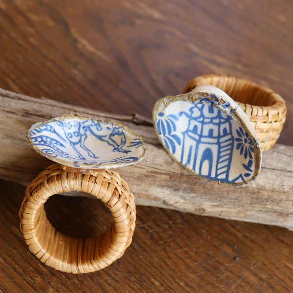 Shell Napkin Holder with Rattan Ring • Set of 4 • Napkin Holders • Oyster Shell Art • Dining Table • Beach Art • Coastal Art