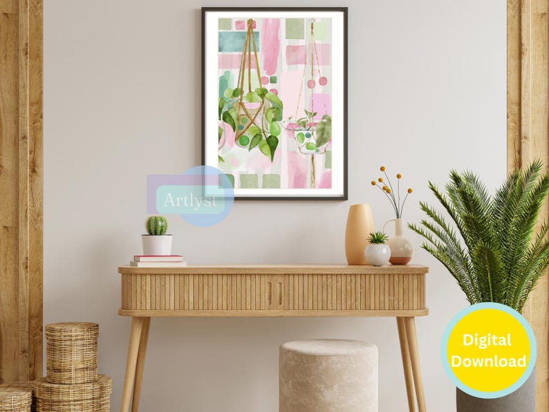 Abstract Plant Art Print Modern Pink and Green Botanical Wall Art