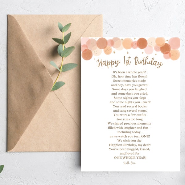 Happy First Birthday Card, First Birthday, Birthday Poem, First Birthday Gift,