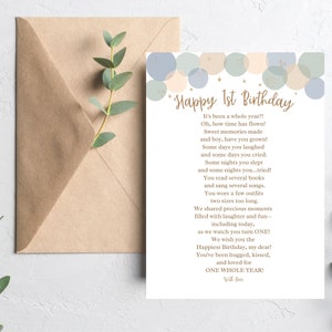 Première carte d'anniversaire de bébé, poème d'anniversaire, premier anniversaire, carte d'anniversaire imprimable, de maman, de papa