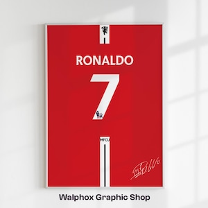 May include: Red and white framed print featuring a soccer jersey design. The jersey displays the name "RONALDO" above the number "7" in white. A signature is visible on the bottom right. The text "Walphox Graphic Shop" is at the bottom.