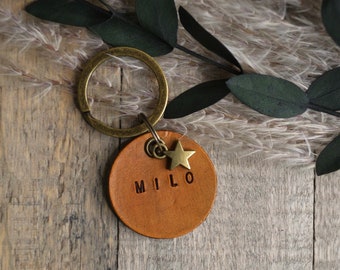 Leather Dog Tag with Star Charm, Personalized Custom Dog Dog ID Tag, Quiet Dog Tag, Handstamped, Dog Gifts, Brass