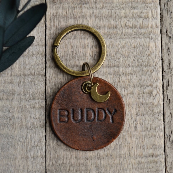 Leather Dog Tag with Moon Charm, Personalized Custom Dog Dog ID Tag, Quiet Dog Tag, Handstamped, Dog Gifts, Brass