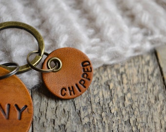 Leather Microchipped Dog Tag, Handstamped Pet Tag, Mini Chipped Tag