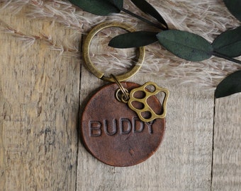 Leather Dog Tag with Paw Charm, Personalized Custom Dog Dog ID Tag, Quiet Dog Tag, Handstamped, Dog Gifts, Brass