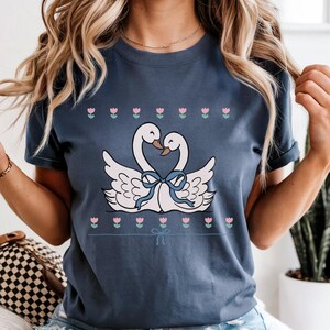 Vintage Swan Tee, Cute Swan Shirt, 80&#39;s Inspired Swan, Grandmacore, Blue Ribbon Swan, Cottagecore Tee, Retro Swan, Comfort Colors, Coquette