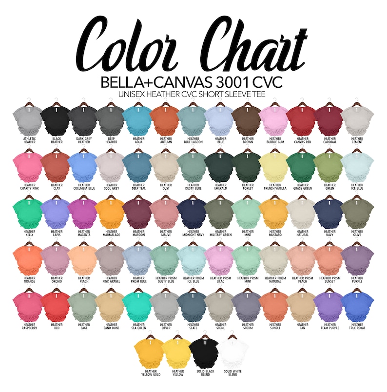 May include: Color chart for Bella + Canvas 3001 CVC unisex short sleeve t-shirts. The chart shows a variety of heather colors, including dusty blue, ice blue, and team purple.