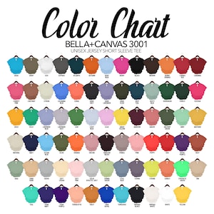 Op de afbeelding: Kleurenkaart voor Bella + Canvas 3001 unisex T-shirts met korte mouwen. De kaart toont 60 verschillende kleuropties voor de T-shirts, waaronder aqua, army, as, asfalt, atlantisch, herfst, babyblauw, bes, zwart, bruin, gebrande sinaasappel, canvas rood, kardinaal, liefdadigheidsroze, kastanje, citroen, columbia blauw, koraal, donkergrijs, donker lavendel, donker olijf, diep teal, stoffig blauw, groenblijvend, bos, fuchsia, goud, kelly, lavendel, blad, lichtblauw, lila, ma&iuml;sgeel, wijnrood, mauve, militaire groen, munt, mosterd, natuurlijk, marine, oceaanblauw, olijf, oranje, orchidee, ossenbloed zwart, kiezelsteen, roze, klaproos, rood, koninklijk paars, roest, salie, zandduin, zilver, zachte cr&egrave;me, zacht roze, solide atletisch grijs, lentegroen, staalblauw, storm, stroboscoop, zonsondergang, synthetisch groen, bruin, teal, team navy, team paars, terracotta, toast, true royal, turquoise, vintage zwart, vintage wit, wit en geel.