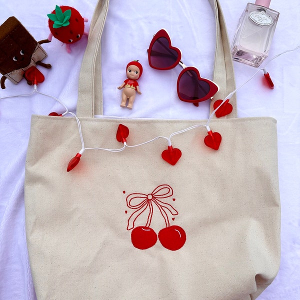 Cherry bow embroidered tote bag