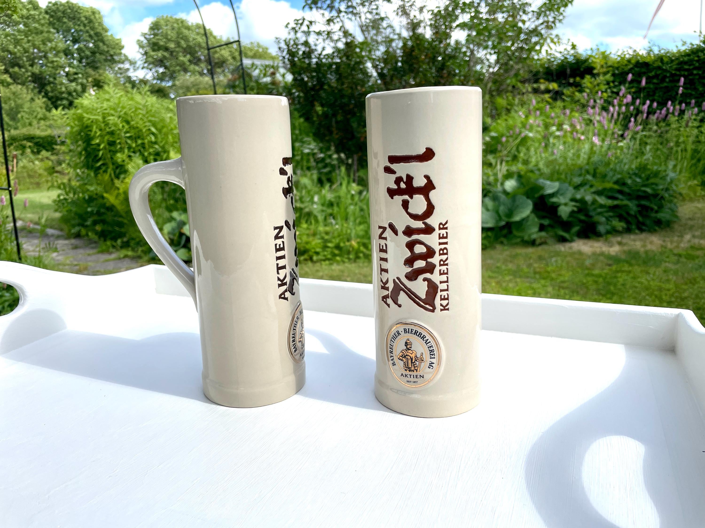 Pair of Aktien Zwick'l Kellerbier German Beer Steins – Vintage