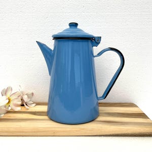 Vintage Blue Enamel Coffee Pot – Retro French Style  – Mid Century Enamelware Kitchen Decor – Rustic Farmhouse Gift Idea