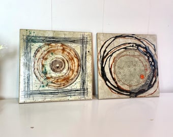 2 Italien handpainted tiles. mid century, unique design, perfect as pan rests etc. Sold together.