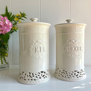 Vintage dänische Keramik Vorratsdosen, Mehl und Zucker, Keramik, perfekter Zustand