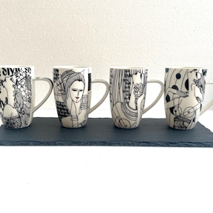 Set of 4 Mique Illustrated Mugs – Black & White Art Coffee Cups – Modern Ceramic Mug Set – Abstract Faces Line Art – Gift for Her