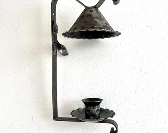 Norwegian folk art, wall mounted candle holder in wrought iron, vintage.