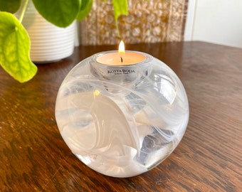 Kosta Boda 'Cool Moon' white candle holder - Handmade Swedish Art Glass designed by Anna Ehrner 1980S