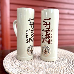 Pair of Aktien Zwick&#39;l Kellerbier German Beer Steins – Vintage Bayreuth Brewery Mugs