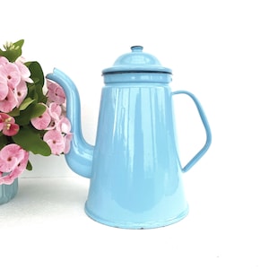 Extra Large Vintage Danish Enamel Coffee Pot  Sky Blue Glud & Marstrand  30cm Tall Mid Century Kitchen Decor