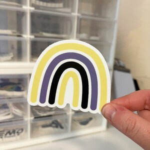 May include: A yellow, purple, and black rainbow sticker. The sticker is shaped like a rainbow with a dripping effect at the bottom.
