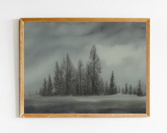 May include: A framed watercolor painting of a forest scene with a group of trees in the foreground and a cloudy sky in the background.