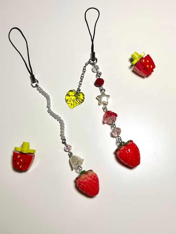 Cute Strawberry Keychain Phone Charm Leafy Red