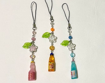 Cute Ramune Phone Charm Soda Bottle Keychain Leafy