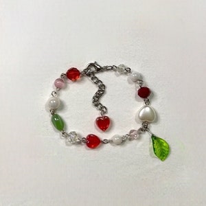 Strawberry Themed Adjustable Bracelet Pearl Red Heart Leaf Cute