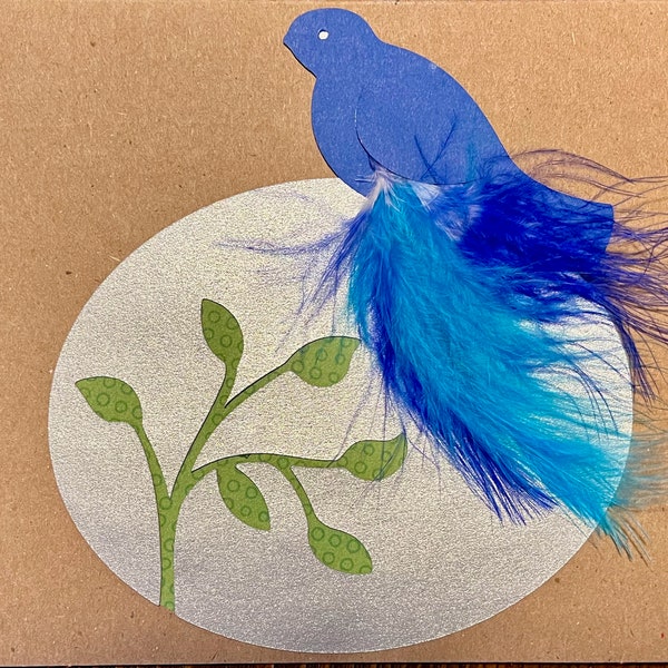 Handmade Greeting Card - Blue Bird with Real Feathers