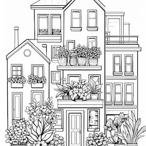 May include: A black and white line drawing of a three-story townhouse with multiple balconies and windows. The townhouse is surrounded by lush greenery and potted plants.