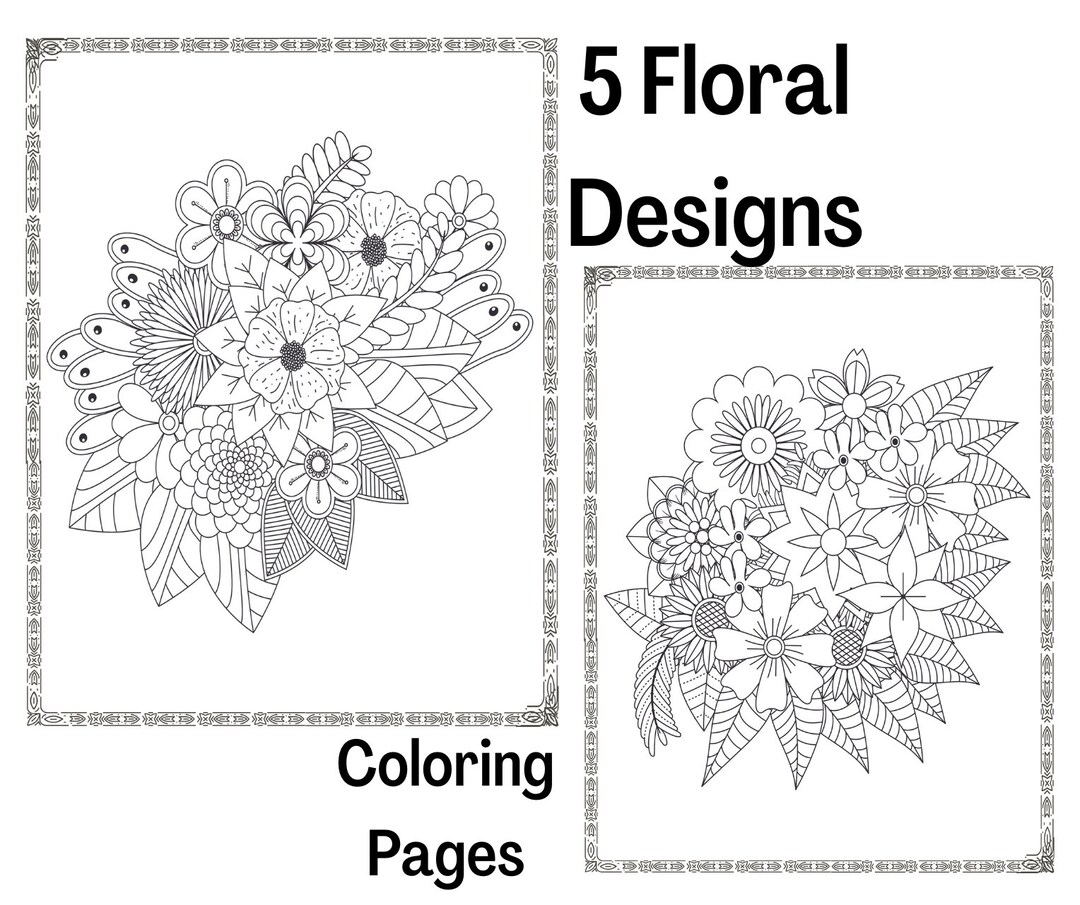Floral Design Coloring Pages set of 5 Etsy