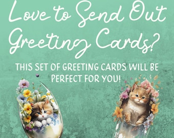 12 Watercolor Cat and Kitten Greeting Cards | 4x6 Printable Blank Cards | Canva & PDF