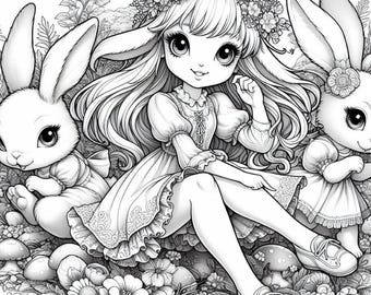 30 Cute Girl with Animals Coloring Pages, Coloring Book, Adult Coloring Book, Kids Coloring Book, Kid Coloring Pages, Stress Relief