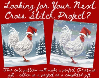 Patrón de punto de cruz de gallo navideño / Gallo blanco con gorro de Papá Noel / 200 x 200 puntos (PDF)