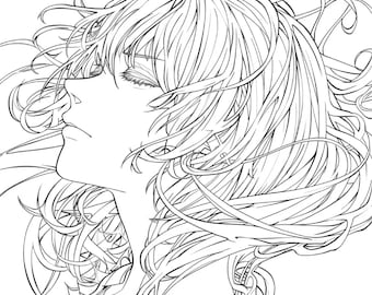 May include: Line art drawing of a woman with long, flowing hair. Her eyes are closed and her head is tilted back. The hair is drawn in a detailed, intricate style.