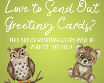 Puede incluir: Un fondo verde con el texto "Love to Send Out Greeting Cards?" en fuente blanca cursiva. Debajo del texto está el texto "THIS SET OF GREETING CARDS WILL BE PERFECT FOR YOU!" en fuente blanca. Una ilustración de un búho y un cachorro de oso están a cada lado del texto.