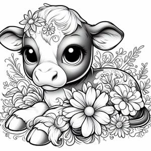 60 Cartoon Baby Cows, Calf Coloring Pages, Coloring Book, Adult Coloring Book, Kids Coloring Book, Kid Coloring Pages, Stress Relief