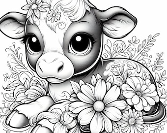 60 Cartoon Baby Cows, Calf Coloring Pages, Coloring Book, Adult Coloring Book, Kids Coloring Book, Kid Coloring Pages, Stress Relief