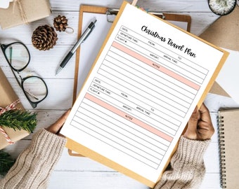 May include: A printable Christmas travel planner with sections for date, departure time, flight number, from, airport, arrival time, to, and notes.