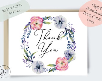 Bedankkaart/digitale download dank u kaart/eenvoudige bloemenkrans dank u kaart/aquarel bloemenkrans dank u