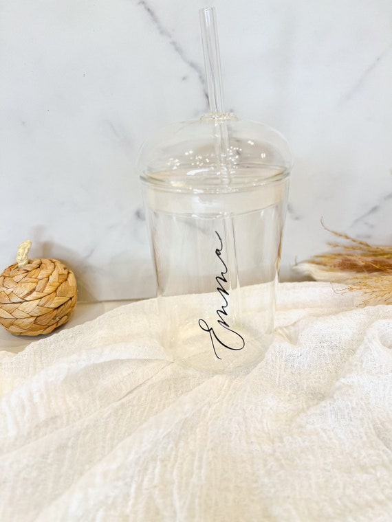 Iced Coffee Glass Cup With Dome Lid and Glass Straw Personalized