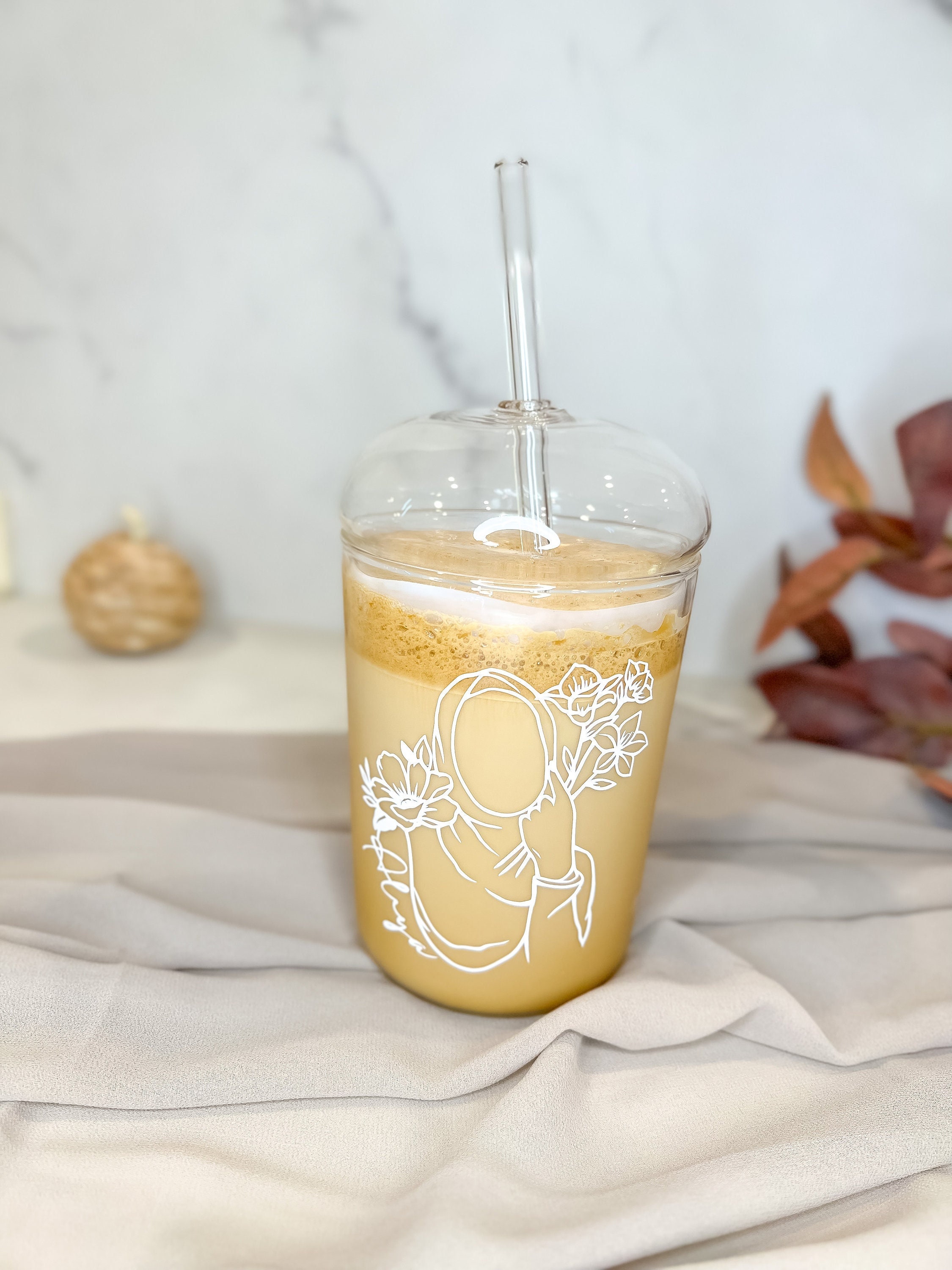 Iced Coffee Glass Cup With Dome Lid and Glass Straw Personalized Coffee Cups  Boba Glass Cups Aesthetic Coffee Cups Gifts for Her 