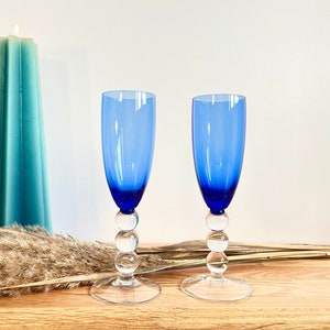 Set Of 2 Blue Wine Glasses With Clear Glass Stem, Cobalt Blue Wine Glasses image 1