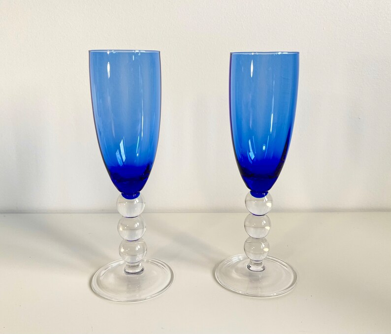 Set Of 2 Blue Wine Glasses With Clear Glass Stem, Cobalt Blue Wine Glasses image 3