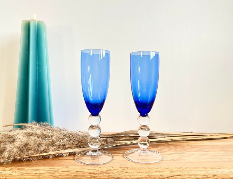 Set Of 2 Blue Wine Glasses With Clear Glass Stem, Cobalt Blue Wine Glasses image 1