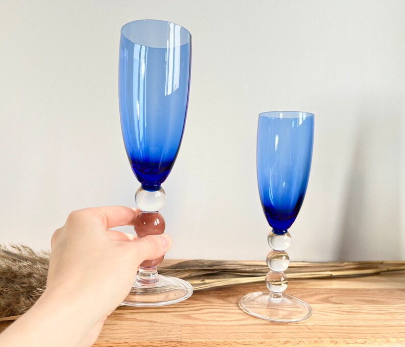 Set Of 2 Blue Wine Glasses With Clear Glass Stem, Cobalt Blue Wine Glasses image 5