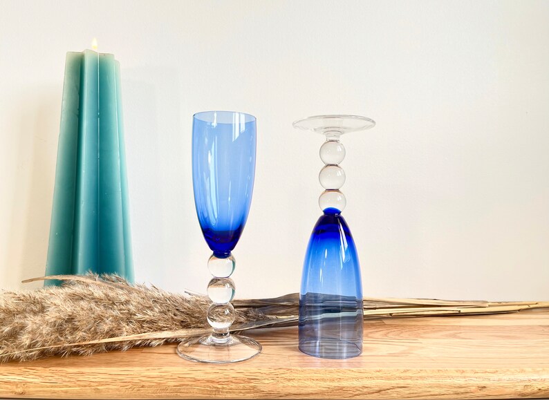 Set Of 2 Blue Wine Glasses With Clear Glass Stem, Cobalt Blue Wine Glasses image 2